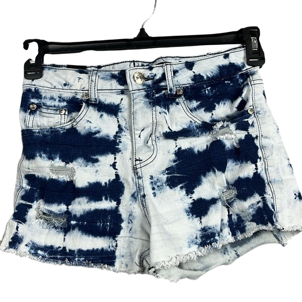 Almost Famous Distressed Denim Jean Shorts Womens Size 3 Tie Dyed